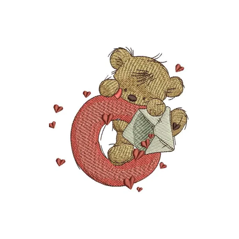 Teddy Bear embroidery design featuring the letter O, ideal for baby onesies and children's apparel.
