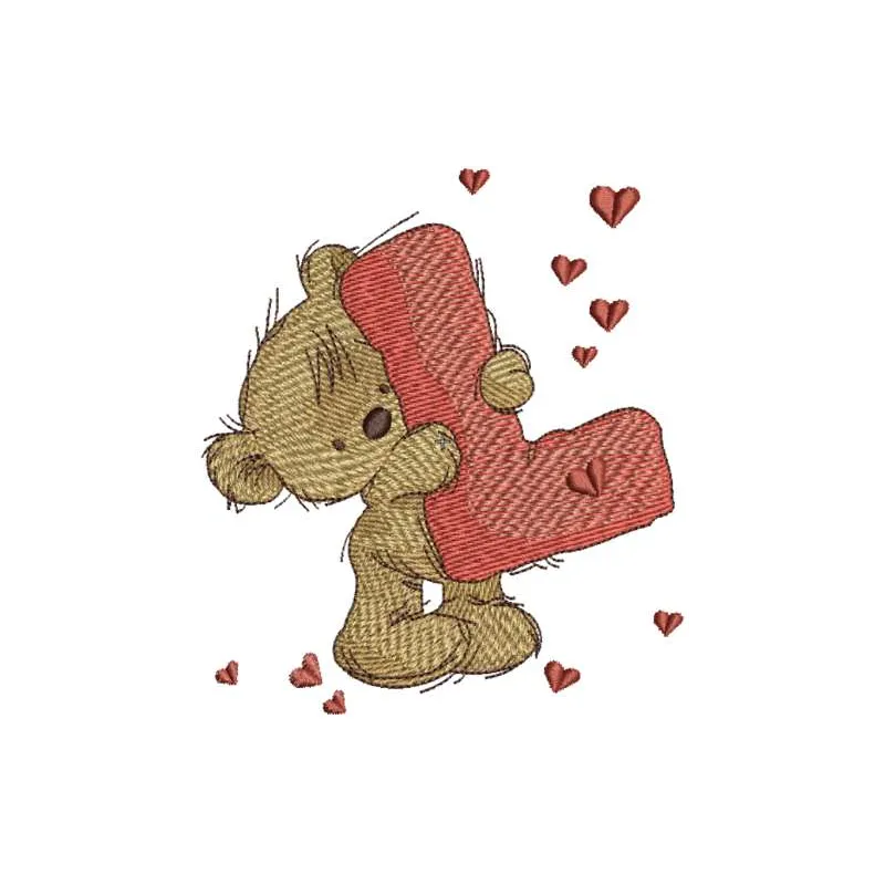 Teddy Bear embroidery design featuring the letter L, ideal for personalizing gifts and children's clothing.
