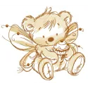 Embroidery design of a whimsical bear fairy holding a cupcake, ideal for stitching on baby onesies or pillows.