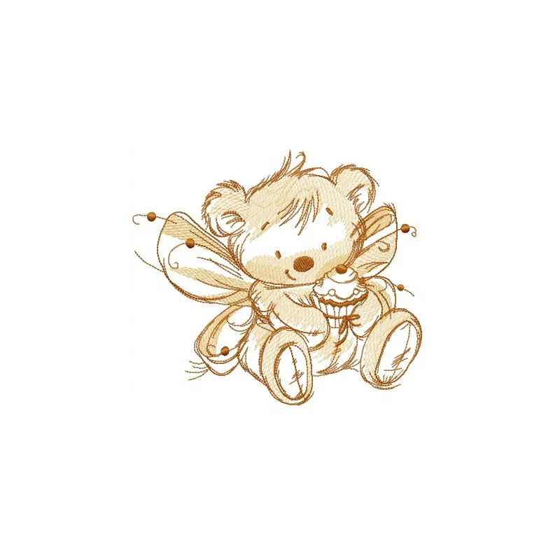 Embroidery design of a whimsical bear fairy holding a cupcake, ideal for stitching on baby onesies or pillows.