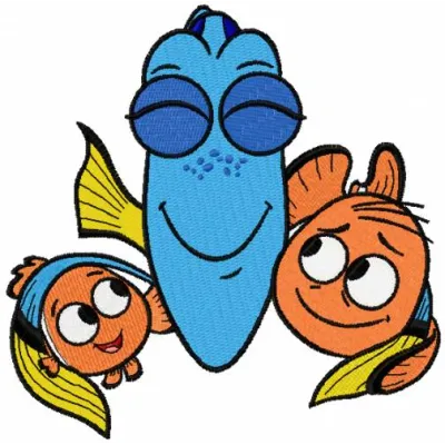 Colorful Nemo, Marlin, and Dory embroidery design featuring playful underwater motifs for creative stitching.