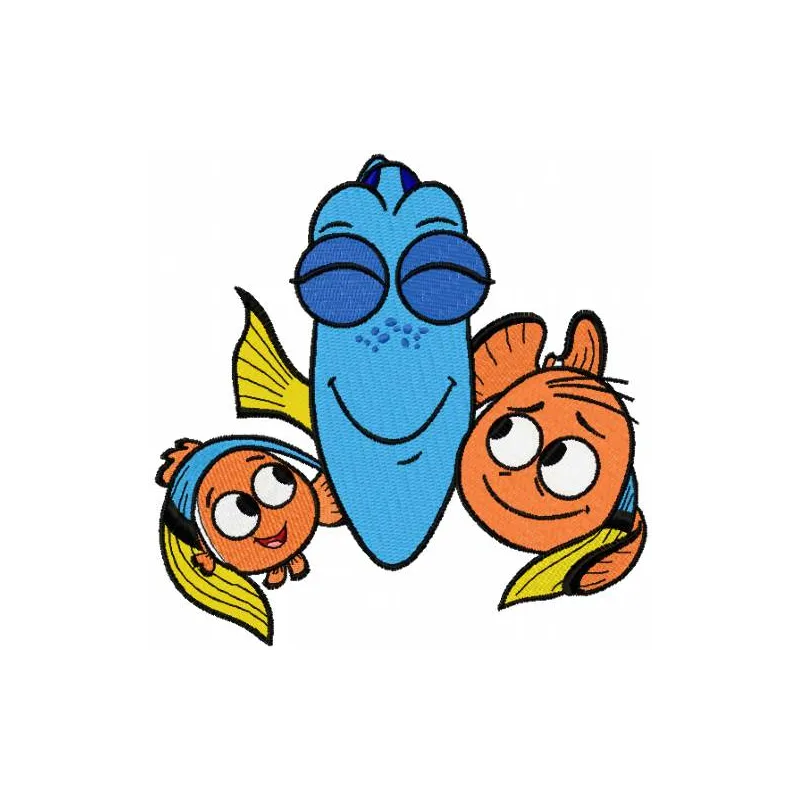 Colorful Nemo, Marlin, and Dory embroidery design featuring playful underwater motifs for creative stitching.