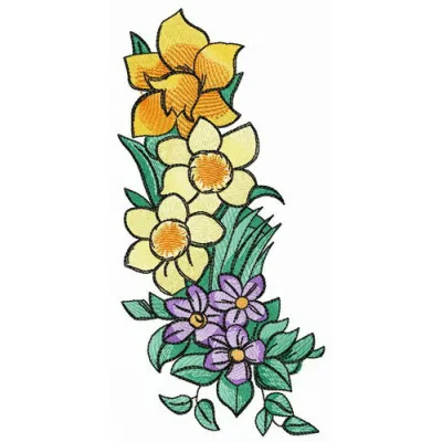 Daffodils and violas embroidery design featuring vibrant floral motifs for creative stitching projects.