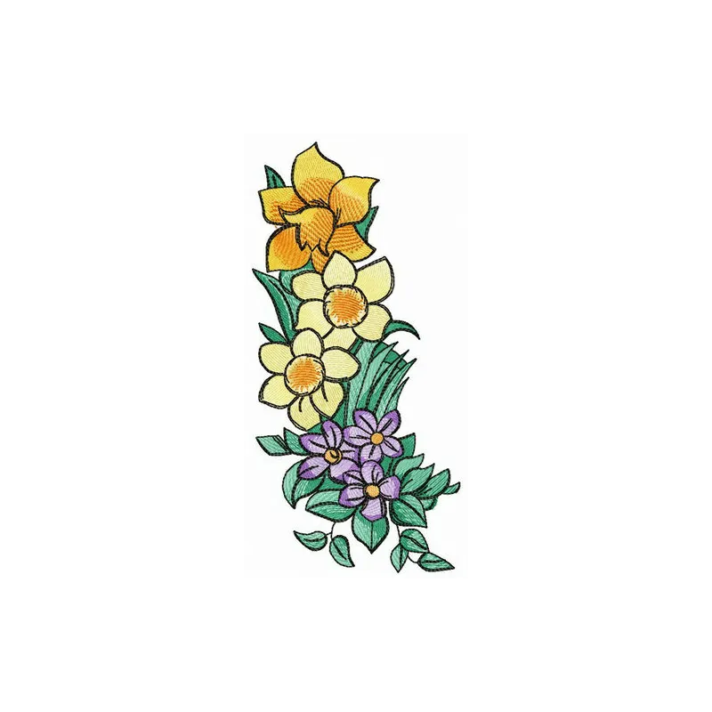 Daffodils and violas embroidery design featuring vibrant floral motifs for creative stitching projects.