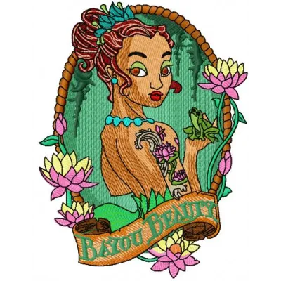 Bayou Beauty embroidery design showcasing a whimsical princess motif, perfect for stitching on t-shirts and tote bags.