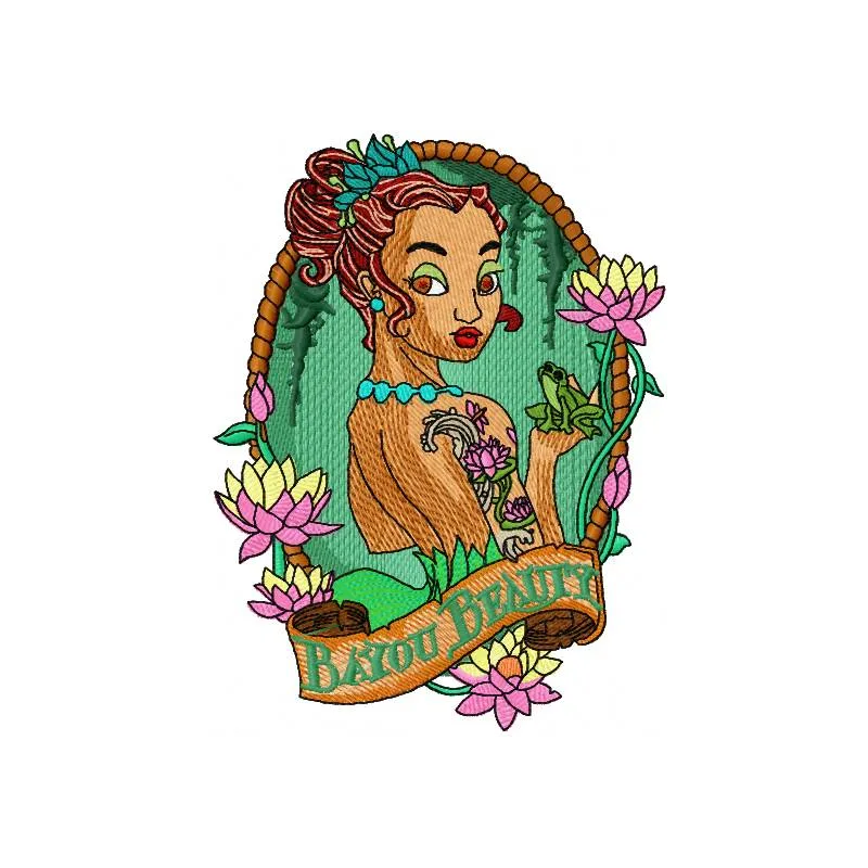 Bayou Beauty embroidery design showcasing a whimsical princess motif, perfect for stitching on t-shirts and tote bags.