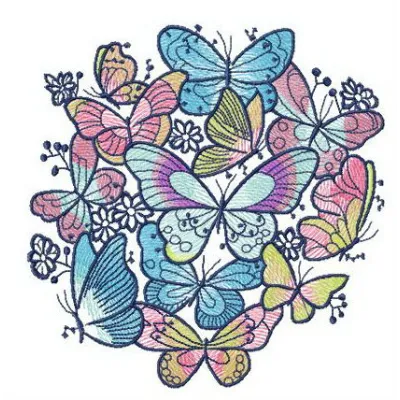 Vibrant flock of colorful butterflies embroidery design, showcasing intricate stitching patterns for creative projects.