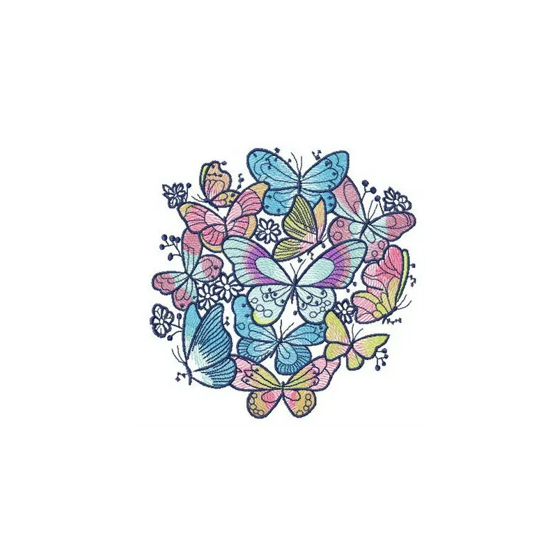 Vibrant flock of colorful butterflies embroidery design, showcasing intricate stitching patterns for creative projects.
