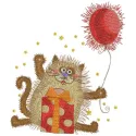 Embroidery design featuring a cat with gifts and a balloon, perfect for Christmas-themed projects.