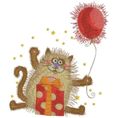 Embroidery design featuring a cat with gifts and a balloon, perfect for Christmas-themed projects.