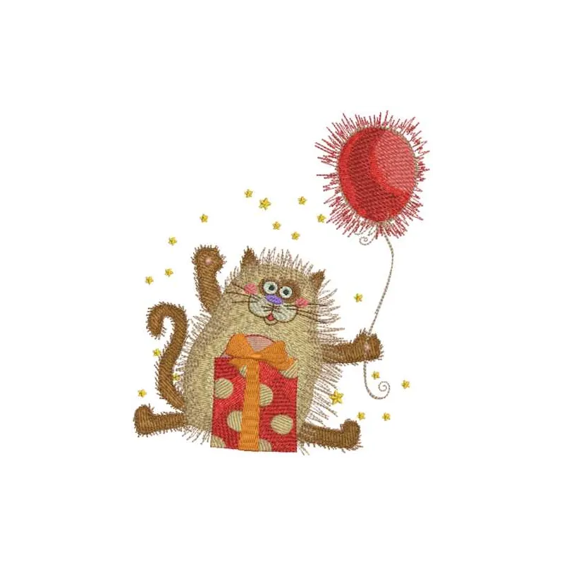 Embroidery design featuring a cat with gifts and a balloon, perfect for Christmas-themed projects.