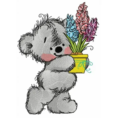 Embroidery design of a teddy bear getting ready for the holiday, ideal for stitching on festive apparel and gifts.