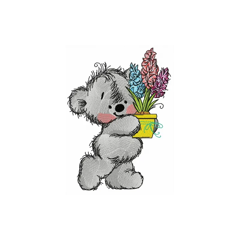 Embroidery design of a teddy bear getting ready for the holiday, ideal for stitching on festive apparel and gifts.