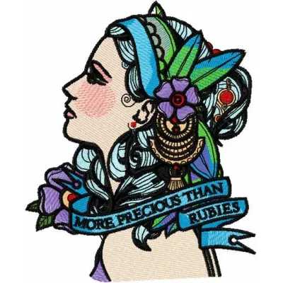 Preview of the 'More Precious Than Rubies' embroidery design featuring elegant lettering and floral accents.