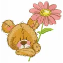Cute teddy bear embroidery design featuring pyrethrum flowers, ideal for stitching on baby onesies and pillows.