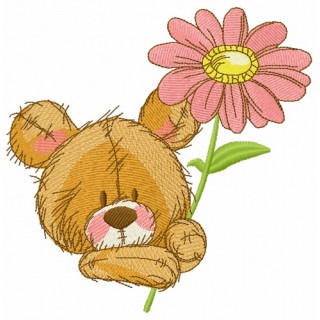 Cute teddy bear with pyrethrum 2 embroidery design - Embroidery Design