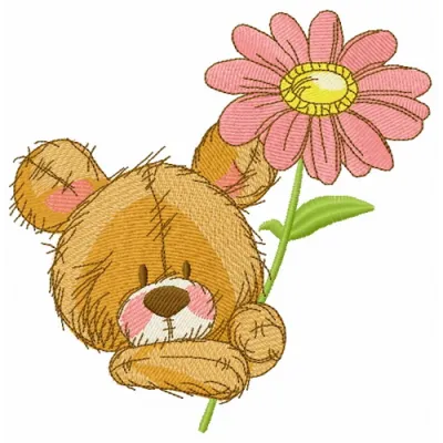 Cute teddy bear embroidery design featuring pyrethrum flowers, ideal for stitching on baby onesies and pillows.