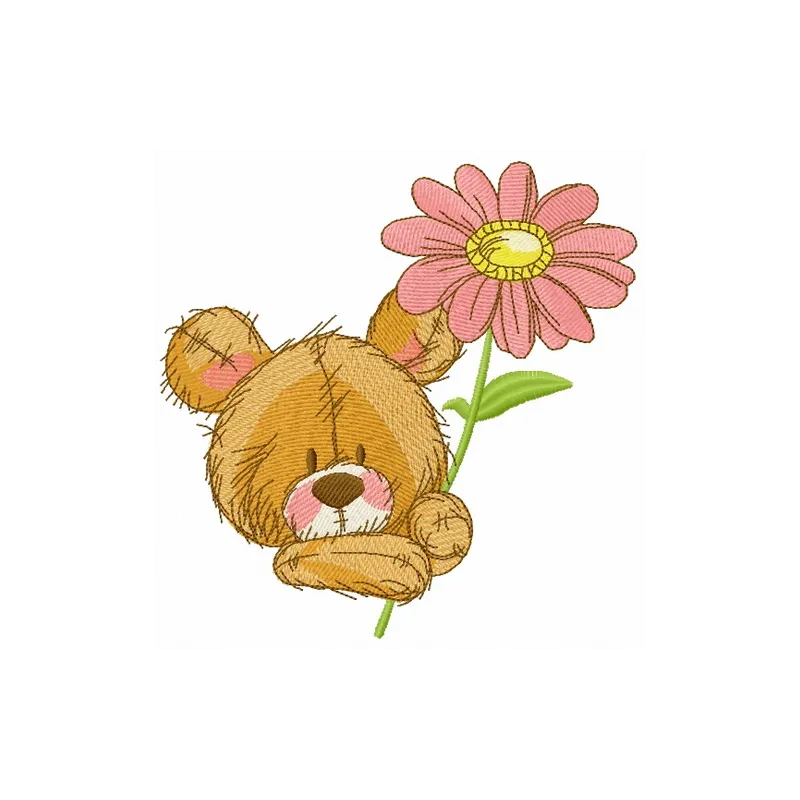 Cute teddy bear embroidery design featuring pyrethrum flowers, ideal for stitching on baby onesies and pillows.