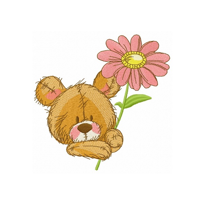Cute teddy bear with pyrethrum 2 embroidery design - Embroidery Design