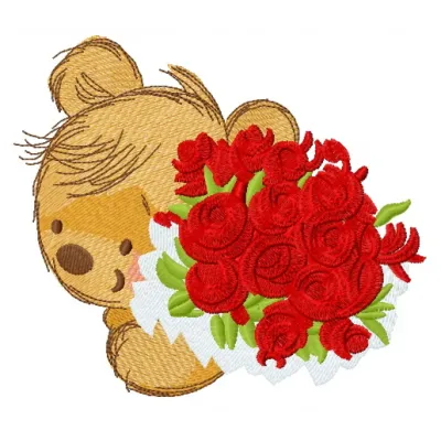 Embroidery design featuring a charming bouquet for a teddy bear, perfect for cozy projects.
