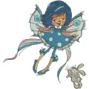 Embroidery design featuring a whimsical blue fairy with a cute bunny, ideal for children's apparel and decor.