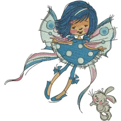 Embroidery design featuring a whimsical blue fairy with a cute bunny, ideal for children's apparel and decor.