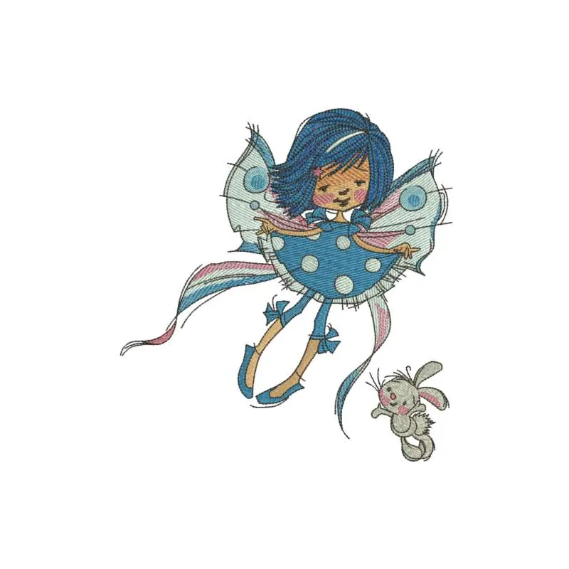 Embroidery design featuring a whimsical blue fairy with a cute bunny, ideal for children's apparel and decor.