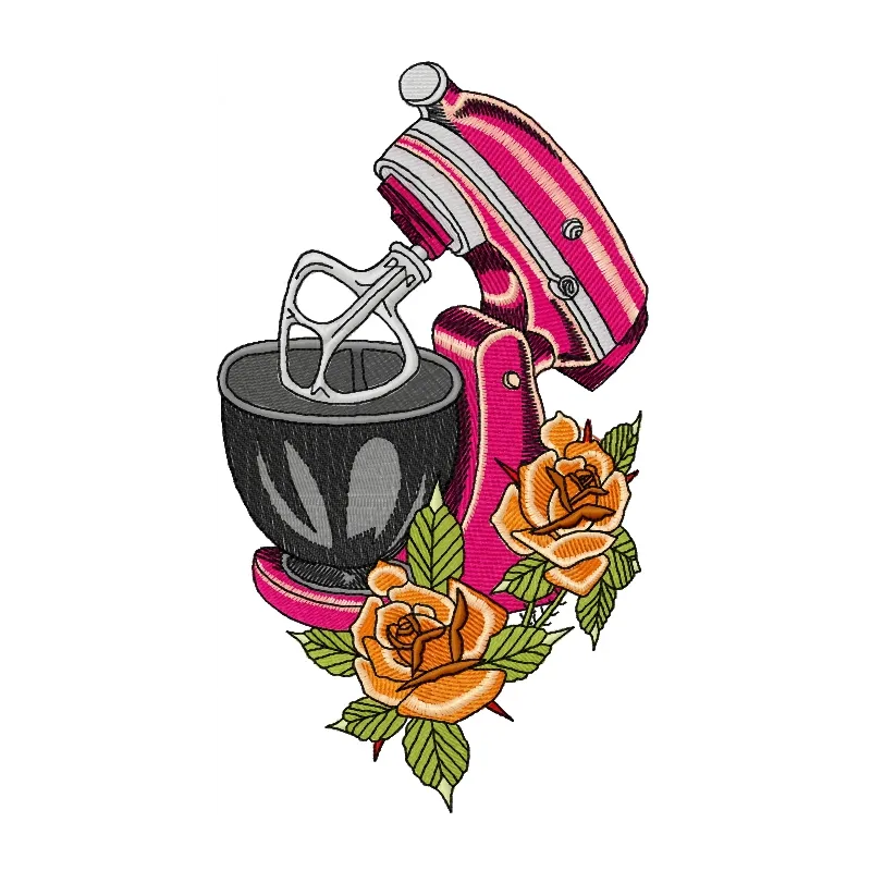 Vintage kneading machine embroidery design, perfect for kitchen decor and cooking enthusiasts' projects.