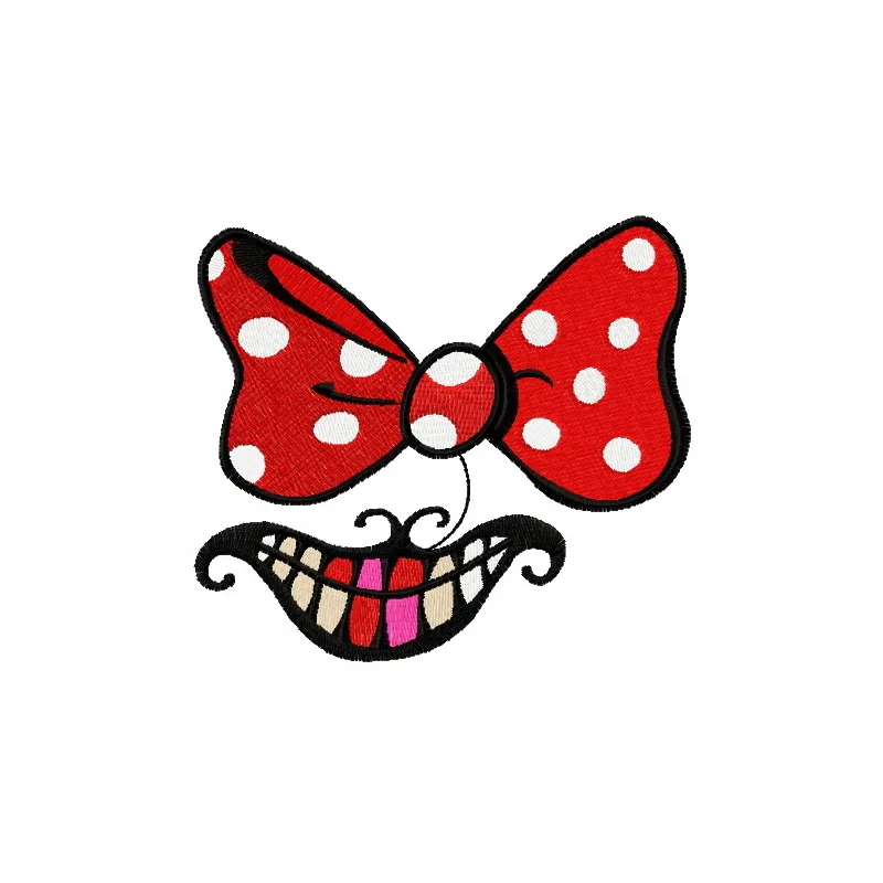 Bow and smile embroidery design inspired by Alice in Wonderland, showcasing whimsical stitched motifs.