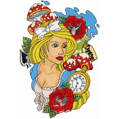 Whimsical Alice in Dreamland embroidery design featuring enchanting motifs for creative stitching projects.