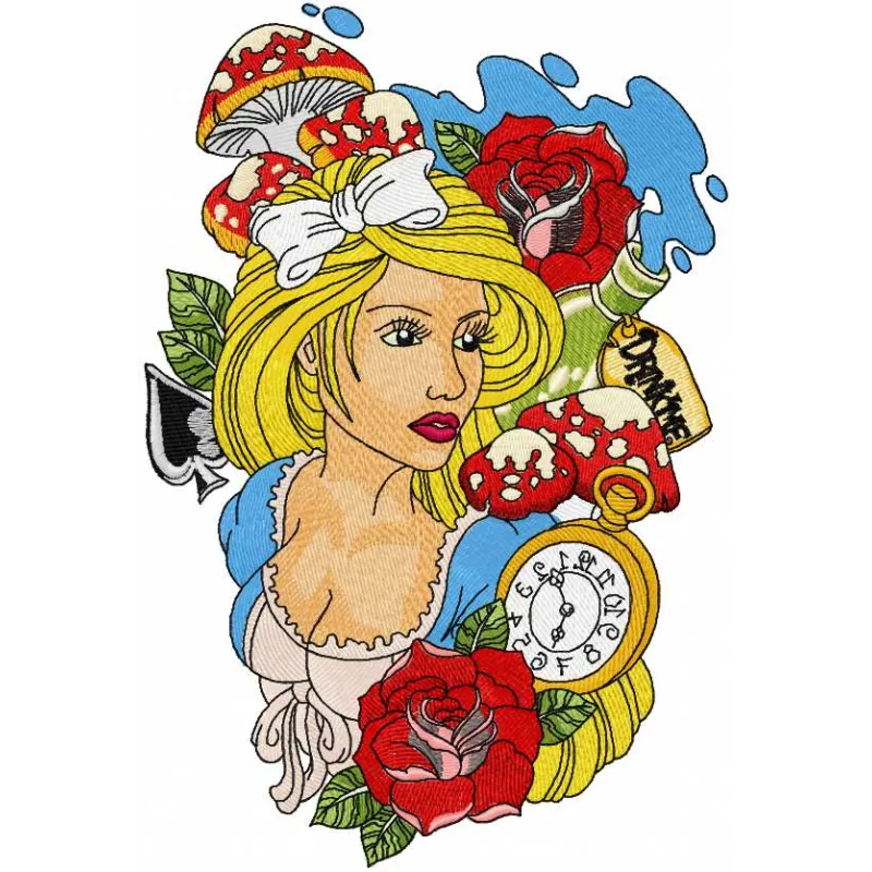 Whimsical Alice in Dreamland embroidery design featuring enchanting motifs for creative stitching projects.