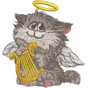 Embroidery design featuring a cat angel playing a harp, ideal for stitching on various fabric items.
