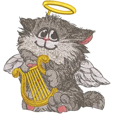 Embroidery design featuring a cat angel playing a harp, ideal for stitching on various fabric items.