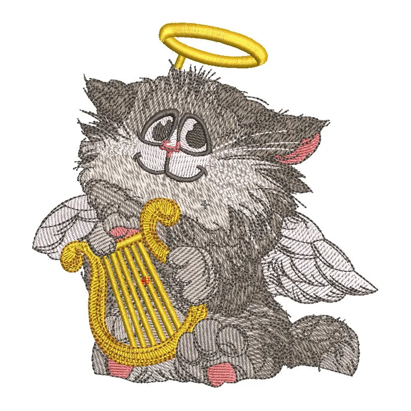 Embroidery design featuring a cat angel playing a harp, ideal for stitching on various fabric items.
