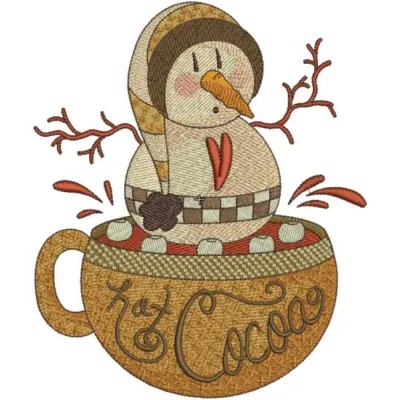 Hot Cocoa with snowball embroidery design featuring a cozy winter theme, perfect for holiday crafting projects.