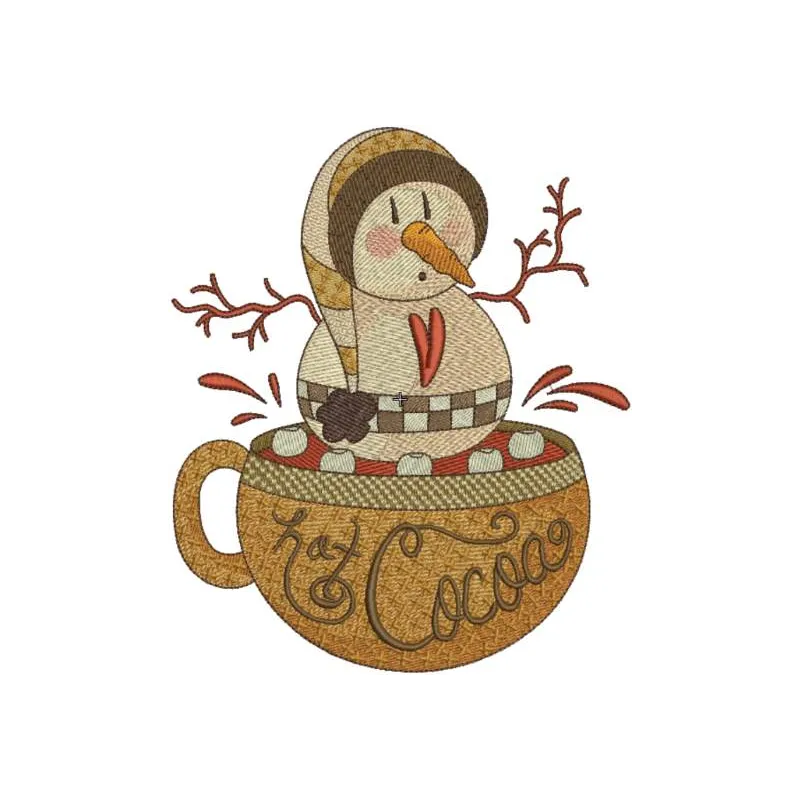 Hot Cocoa with snowball embroidery design featuring a cozy winter theme, perfect for holiday crafting projects.
