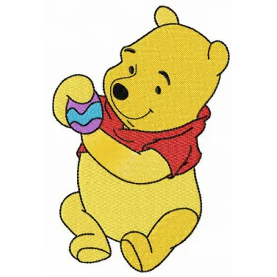 Embroidered design of Winnie Pooh holding an Easter egg, perfect for festive projects like t-shirts or tote bags.