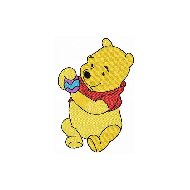 Embroidered design of Winnie Pooh holding an Easter egg, perfect for festive projects like t-shirts or tote bags.
