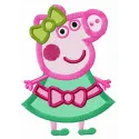 Embroidery design of a pig wearing a green dress, perfect for stitching on children's apparel or fun accessories.