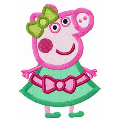 Embroidery design of a pig wearing a green dress, perfect for stitching on children's apparel or fun accessories.