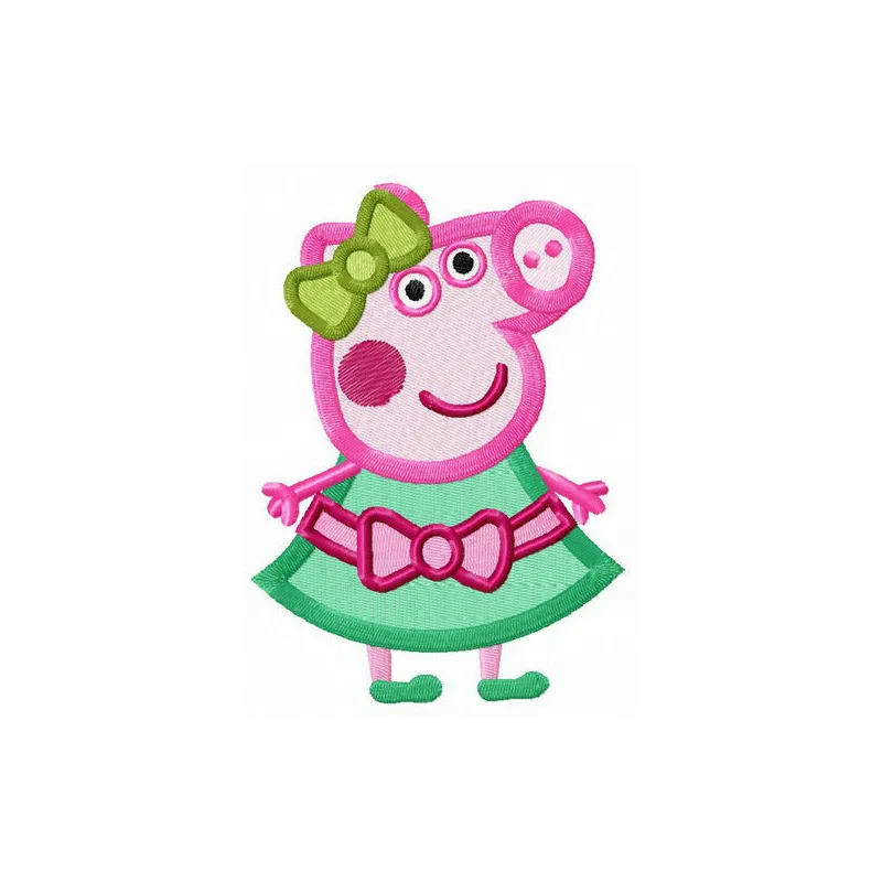 Embroidery design of a pig wearing a green dress, perfect for stitching on children's apparel or fun accessories.