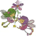 Embroidery design featuring two flying fairies with a single flower, perfect for creative stitching projects.