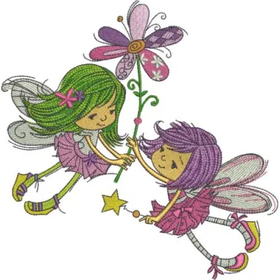 Embroidery design featuring two flying fairies with a single flower, perfect for creative stitching projects.