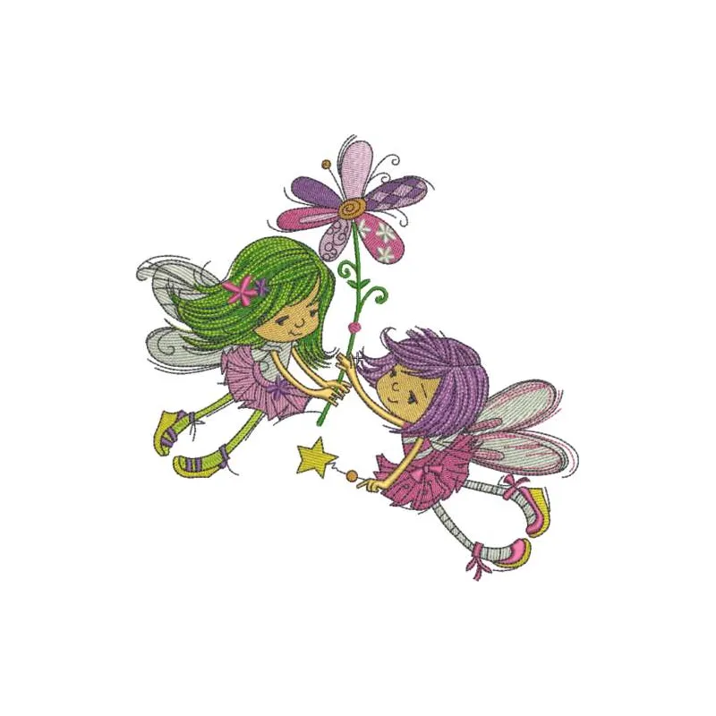 Embroidery design featuring two flying fairies with a single flower, perfect for creative stitching projects.