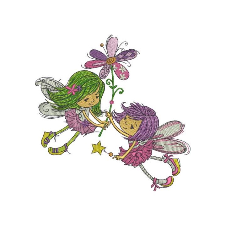 Two flying fairies with one flower embroidery design - Embroidery Design