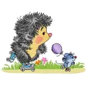 Hedgehog and mouse roller skating embroidery design, showcasing a whimsical scene perfect for fabric projects.