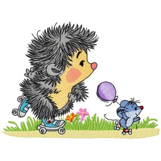 Hedgehog and mouse roller skating embroidery design - Embroidery Design