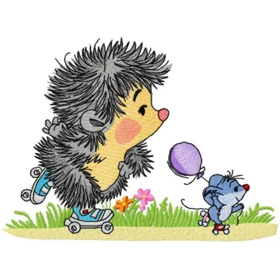 Hedgehog and mouse roller skating embroidery design, showcasing a whimsical scene perfect for fabric projects.