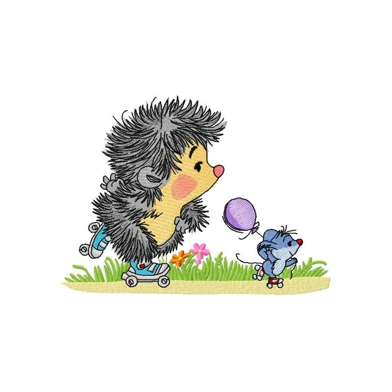 Hedgehog and mouse roller skating embroidery design, showcasing a whimsical scene perfect for fabric projects.
