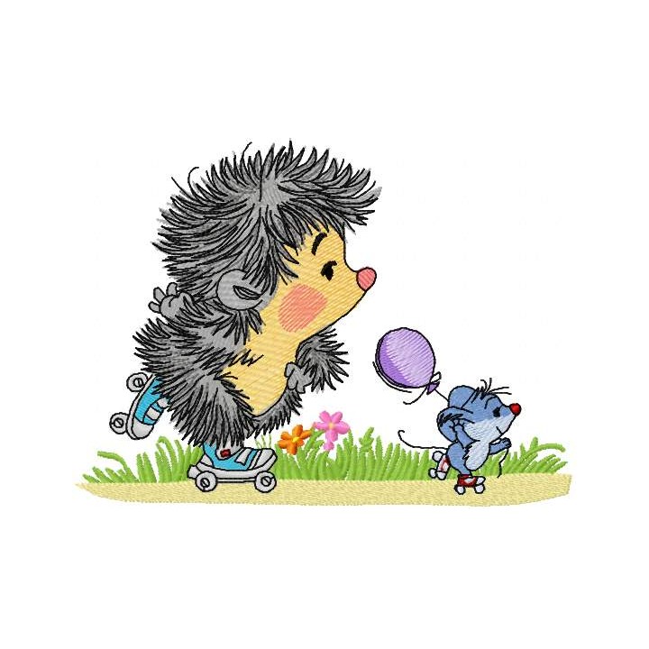 Hedgehog and mouse roller skating embroidery design - Embroidery Design